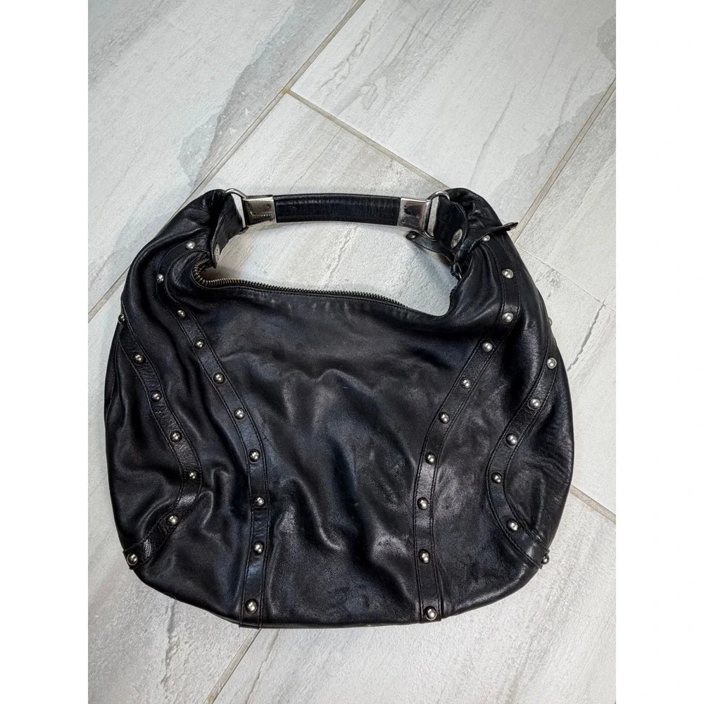 Stuart Weitzman Black Leather Studded Hobo Shoulder Bag Silver Hardware